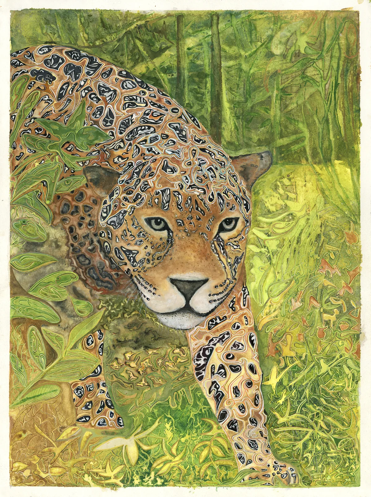 Painting of a jaguar moving through forest, alert and at ease, by Jonathan Owl
