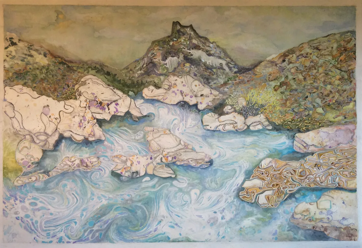 Painting of a river moving through rocks in Chirripó, Costa Rica, by Jonathan Owl