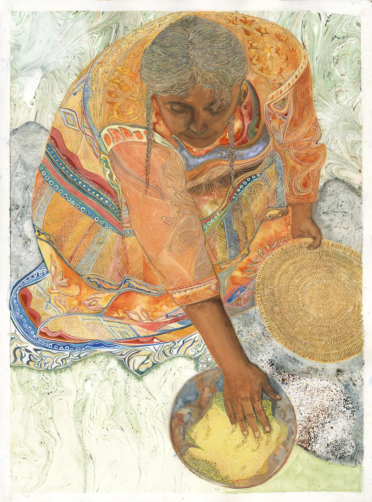 Painting of a woman grinding grain, hands fully present in the work, by Jonathan Owl